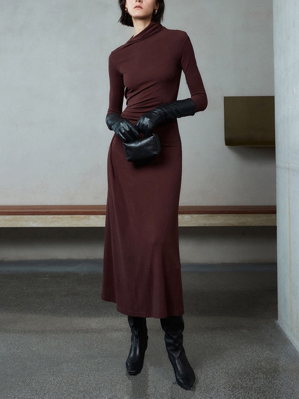 Commense Asymmetrical Neck Long Sleeve Ruched Maxi Dress in Burgundy Brown - Picture 4 of 7